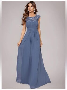 Ever Pretty Lace Yoke Chiffon Maxi Dress in Dusty Blue